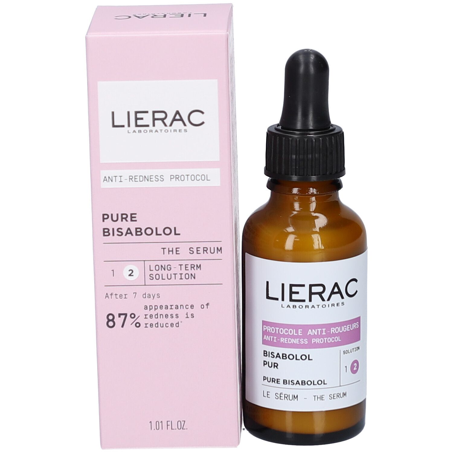 Lierac Proto Anti-Rougeurs Serum en verpakking. Roze verpakking met productinformatie en logo.