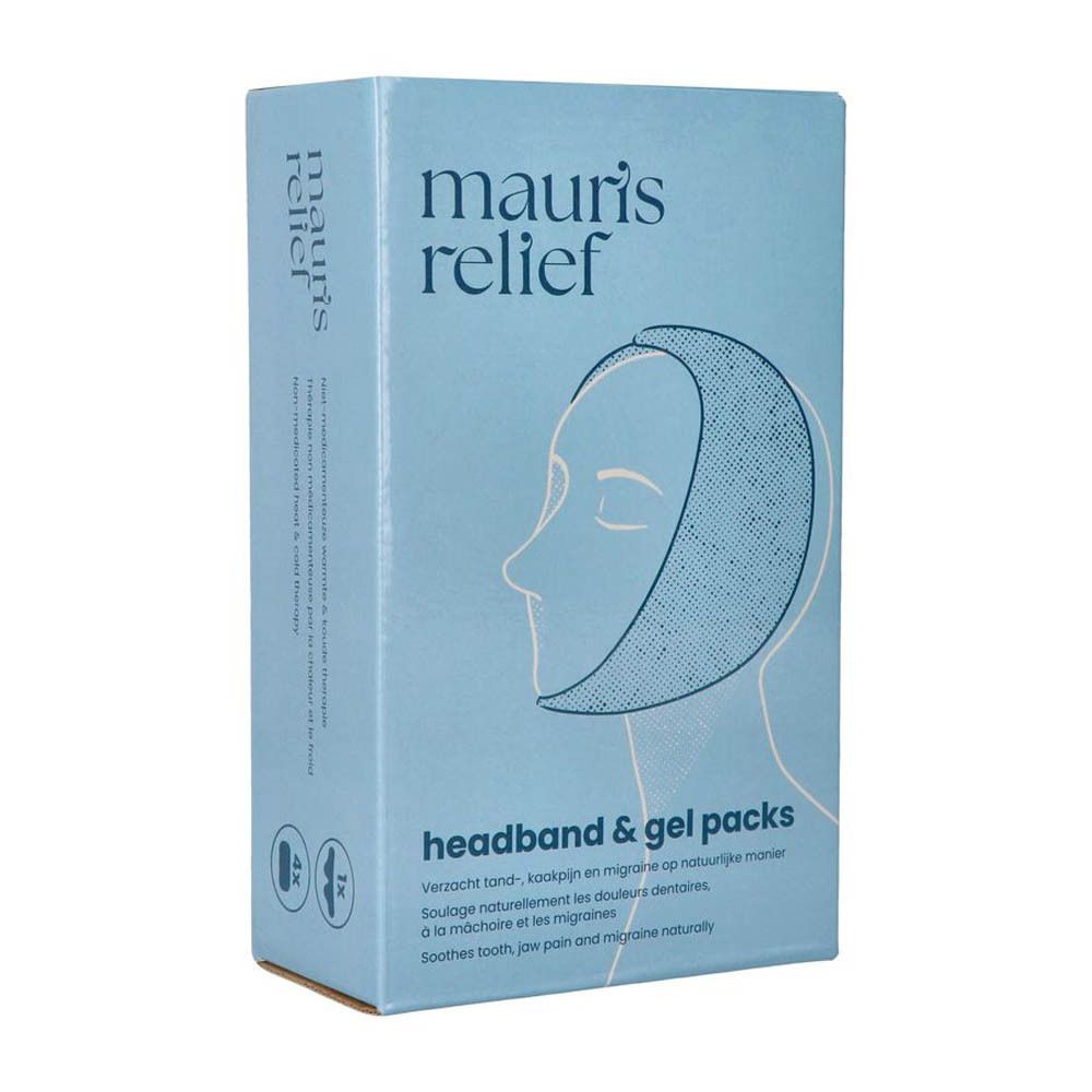Emballage bleu clair avec illustration du produit et texte "mauris relief". Inscription : "headband & gel packs".