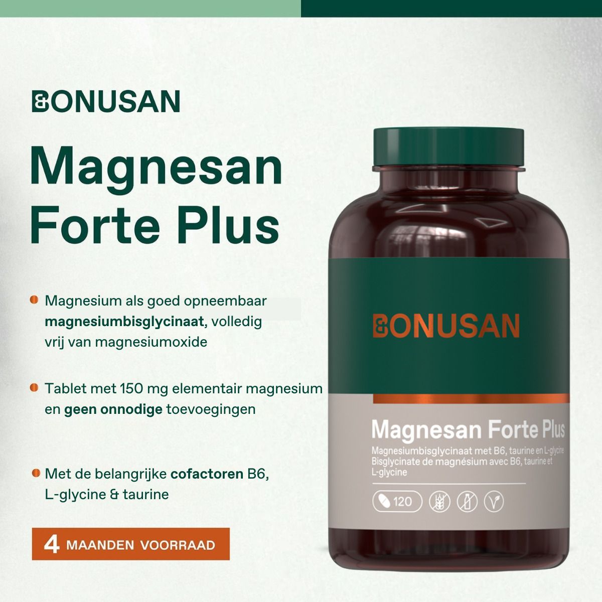 Bonusan Magnesan Forte Plus. Flacon de 120 comprimés. Contient magnésium, B6, L-glycine et taurine.