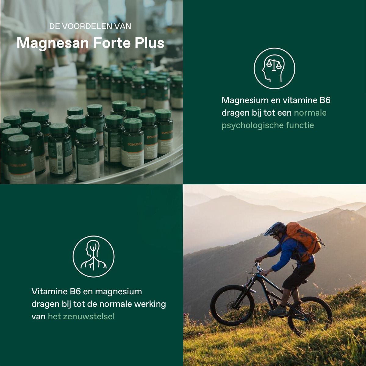 Quatre images avec des informations sur Magnesan Forte Plus. Contient du magnésium et de la vitamine B6.