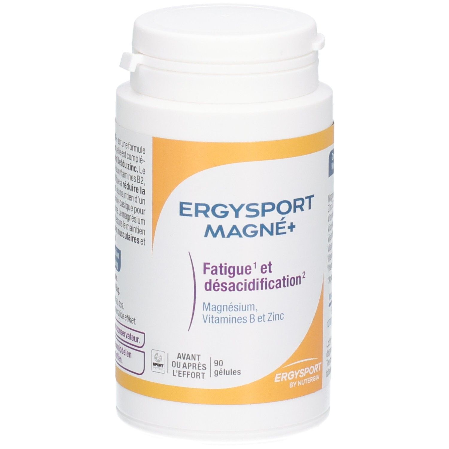 Flacon blanc Ergysport Magne+ avec accent jaune. Inscription: Fatigue et désacidification, Magnésium, Vitamines B et Zinc.
