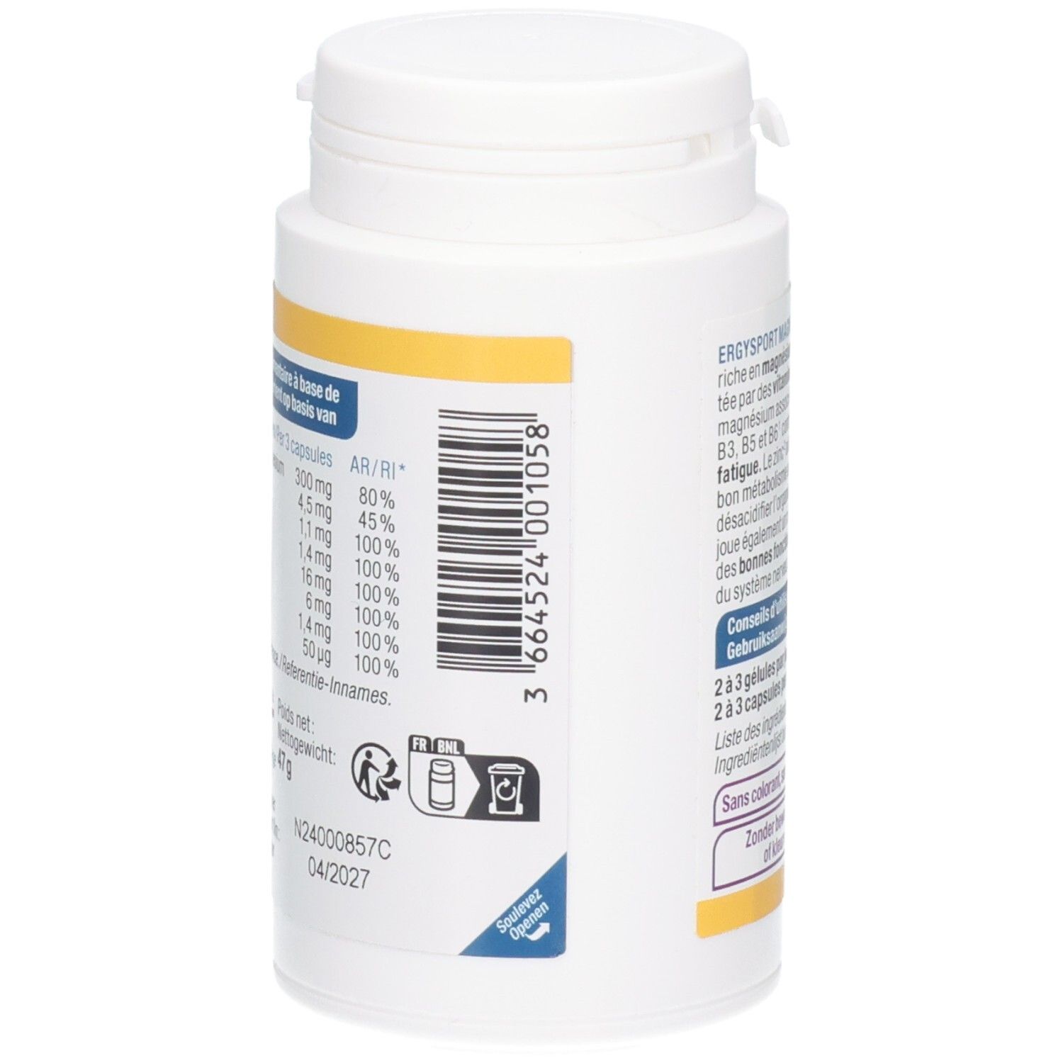 Dos du flacon blanc Ergysport Magne+. Informations nutritionnelles et numéro de lot. Code-barres et date de péremption.