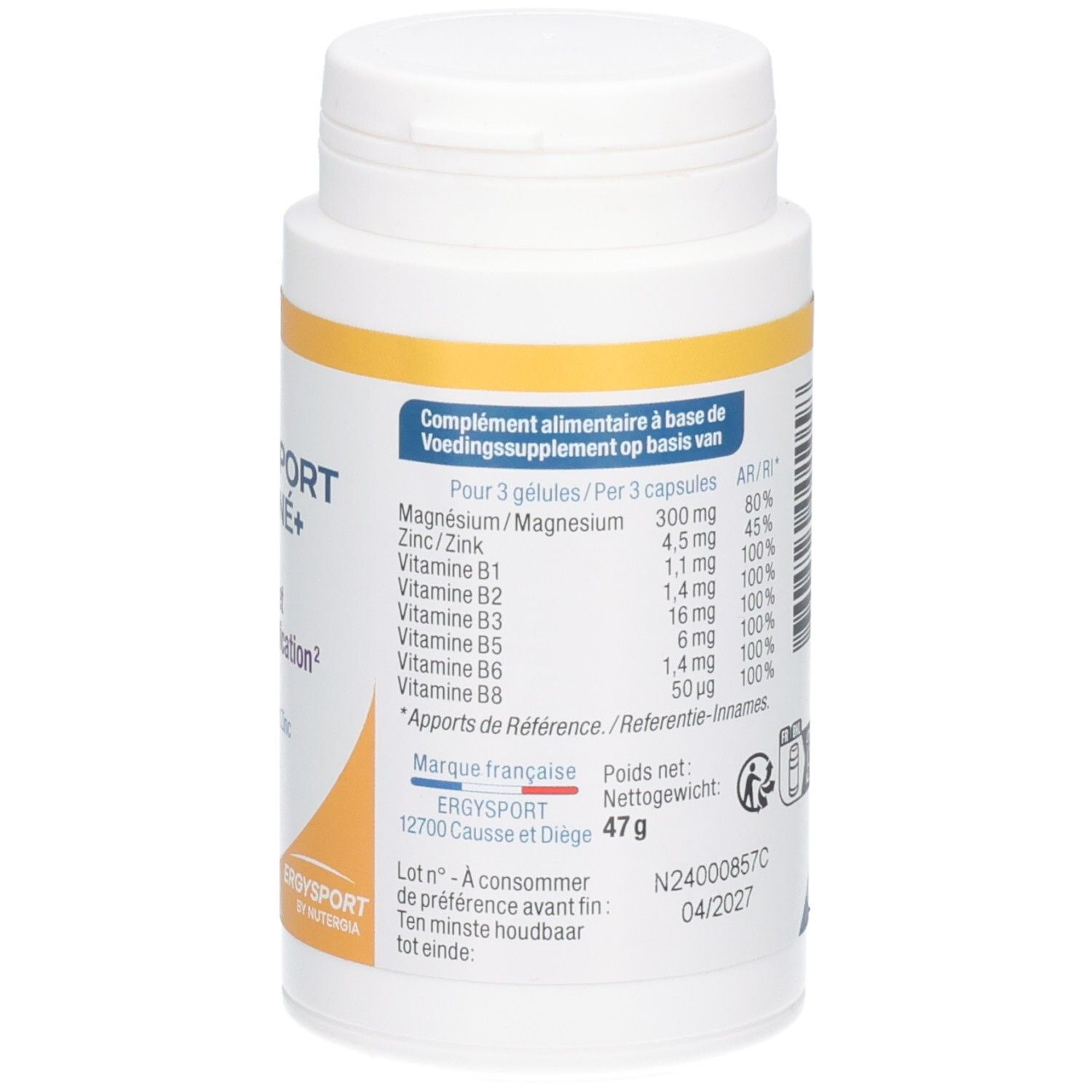 Dos du flacon blanc Ergysport Magne+. Informations nutritionnelles et numéro de lot. Poids: 47g.