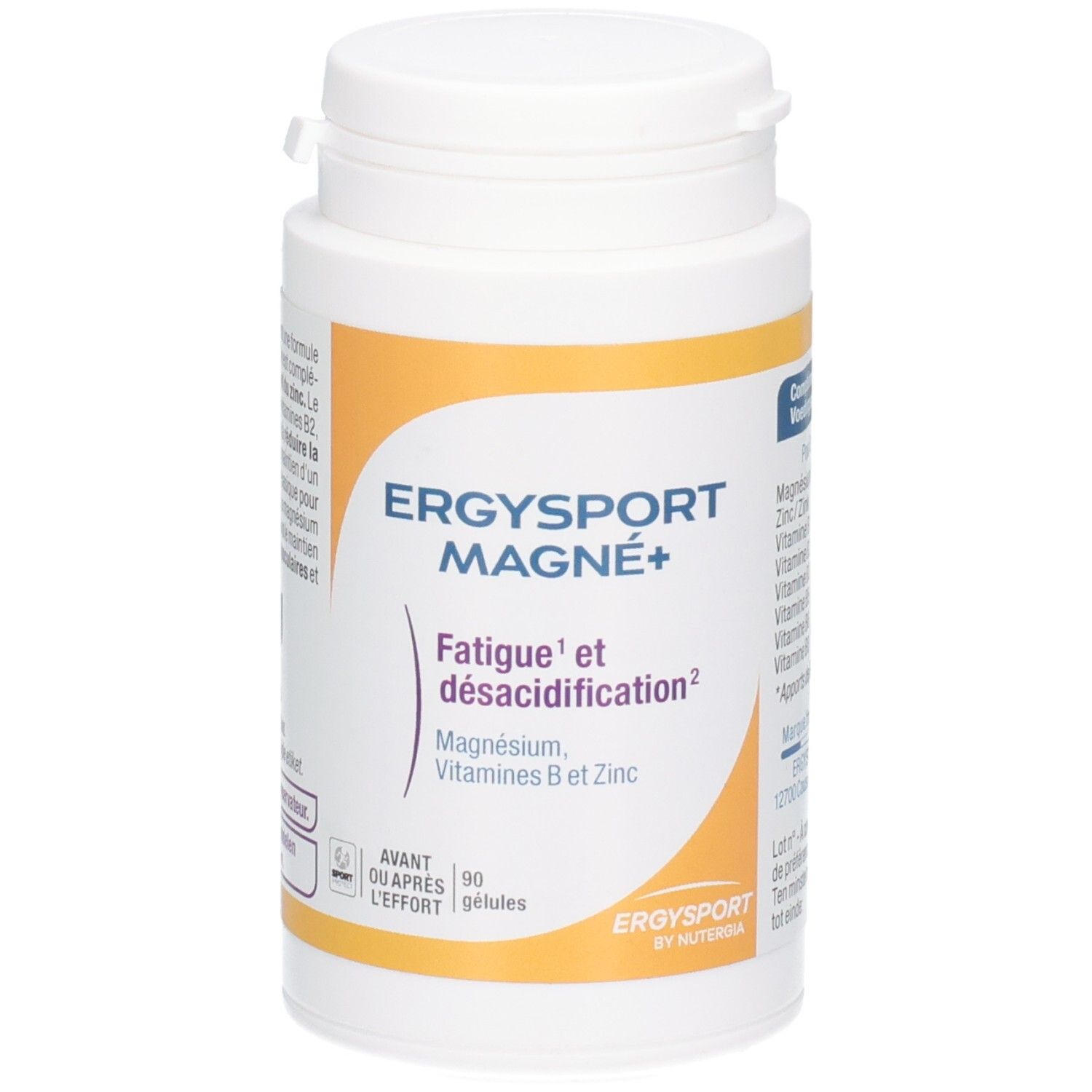 Flacon blanc Ergysport Magne+ avec accent jaune. Inscription: Fatigue et désacidification, Magnésium, Vitamines B et Zinc.