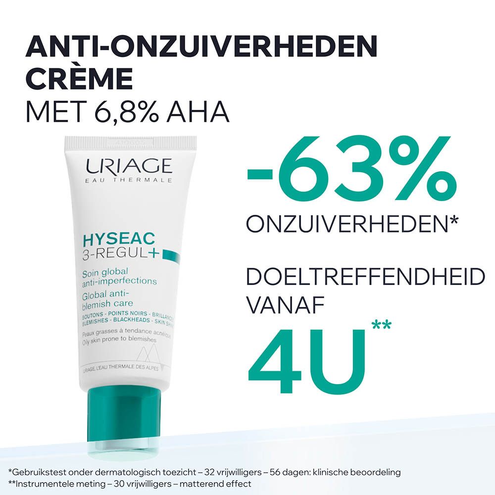 Verpakking en tube. Uriage Hyseac 3-Regul+. 40ml, 1.35fl.oz.