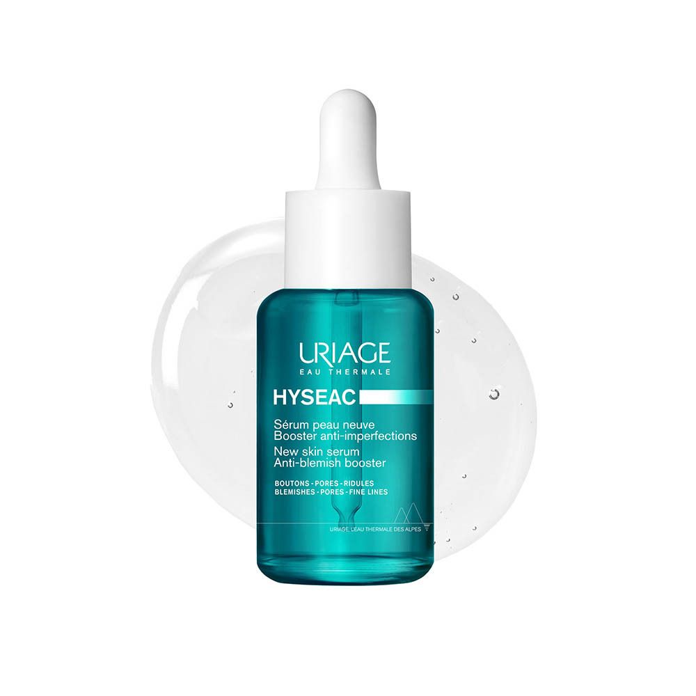 Uriage Hyséac serum. Blauwe fles met witte dop. Productlabel met tekst.