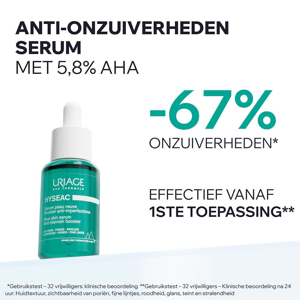 Uriage Hyséac serum. Fles met witte dop. Productlabel met tekst.