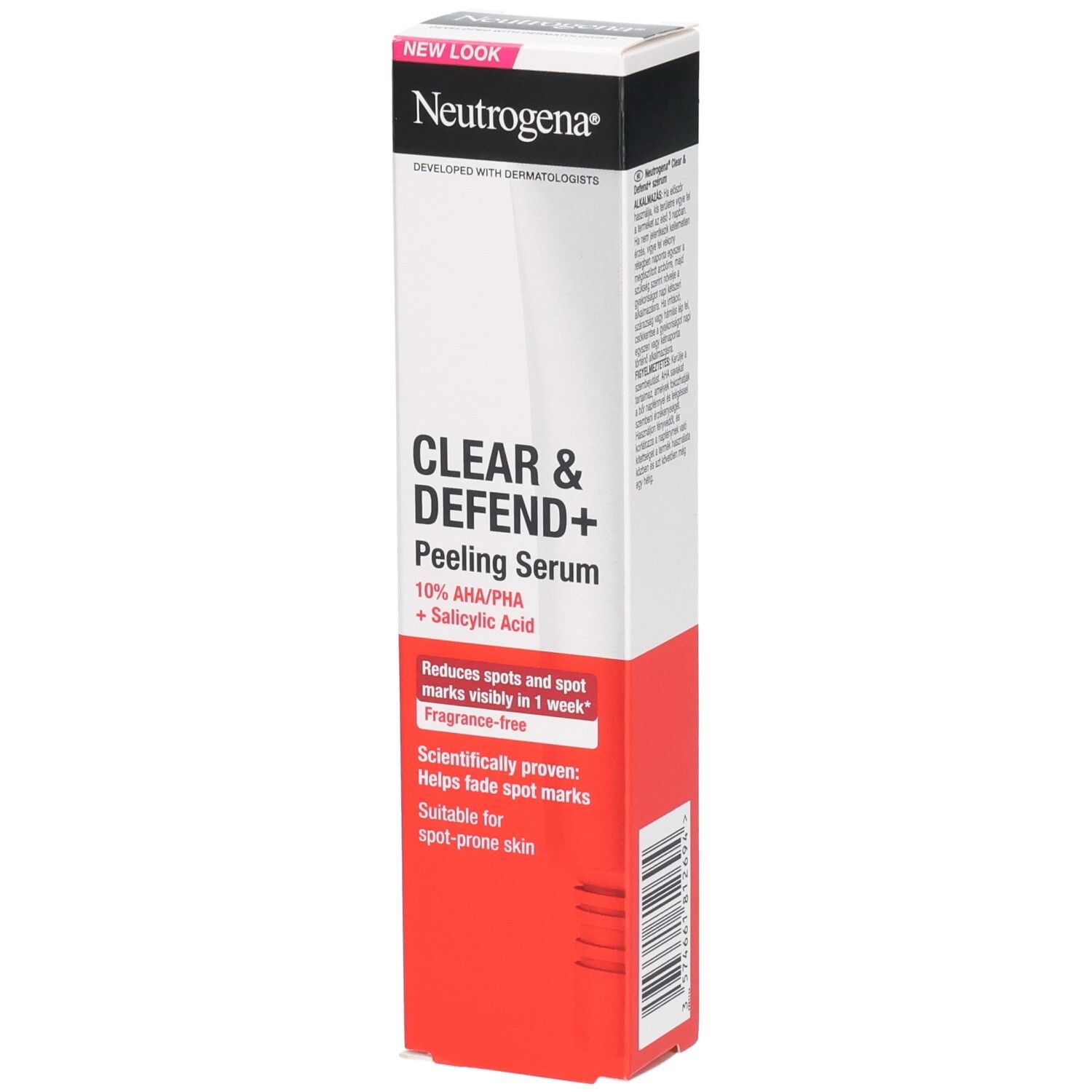Neutrogena Clear & Defend+ Peeling Serum. Wit-rode verpakking. Bevat 10% AHA/PHA + salicylzuur. Vermindert onzuiverheden.