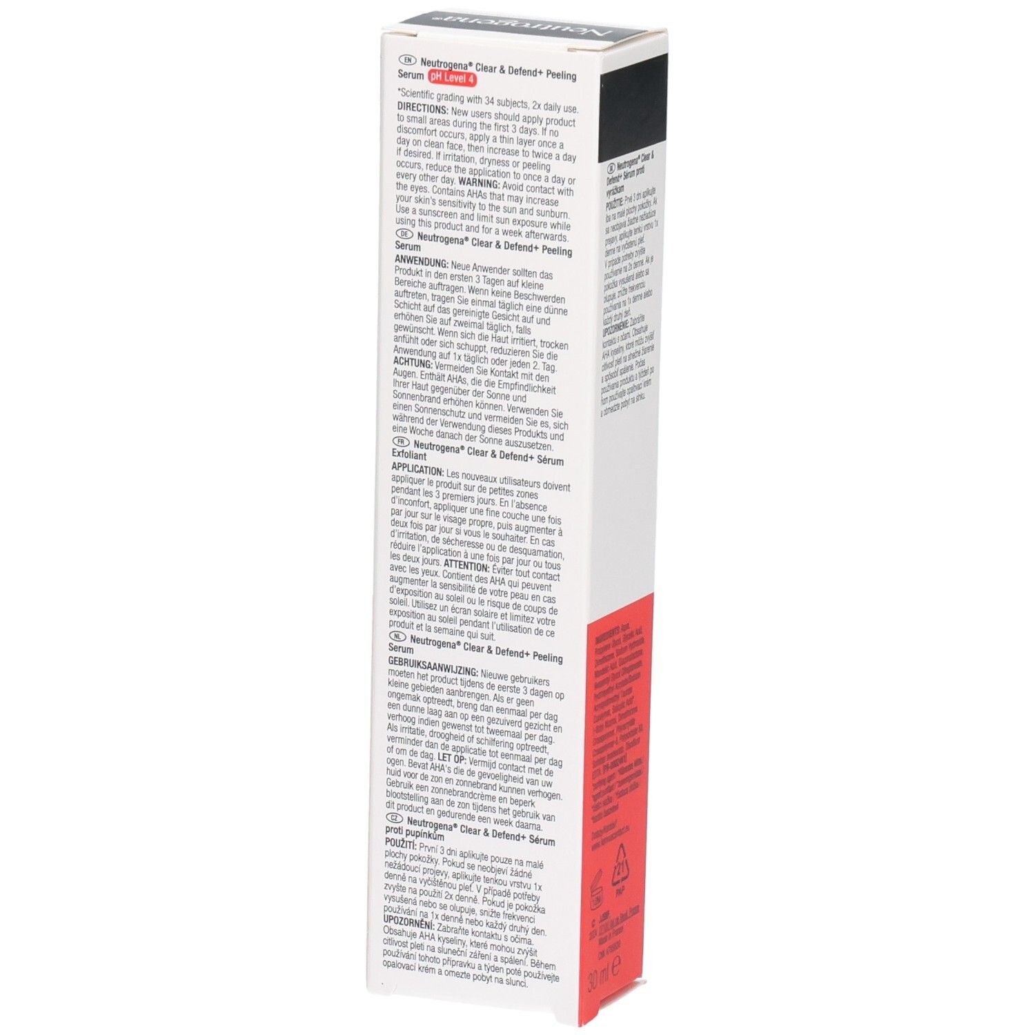 Neutrogena Clear & Defend+ Peeling Serum. Verpakking met tekst in verschillende talen. Bevat gebruiksaanwijzing.