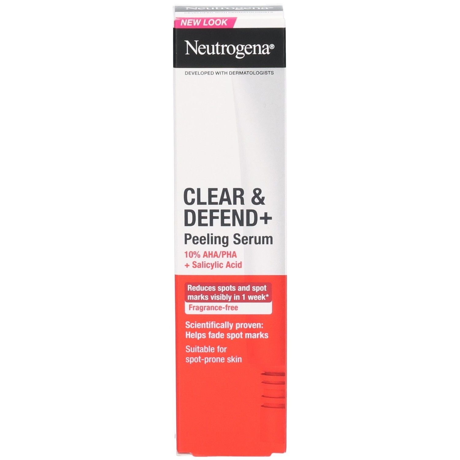 Neutrogena Clear & Defend+ Peeling Serum. Witte verpakking met rode accenten. Bevat 10% AHA/PHA + salicylzuur.