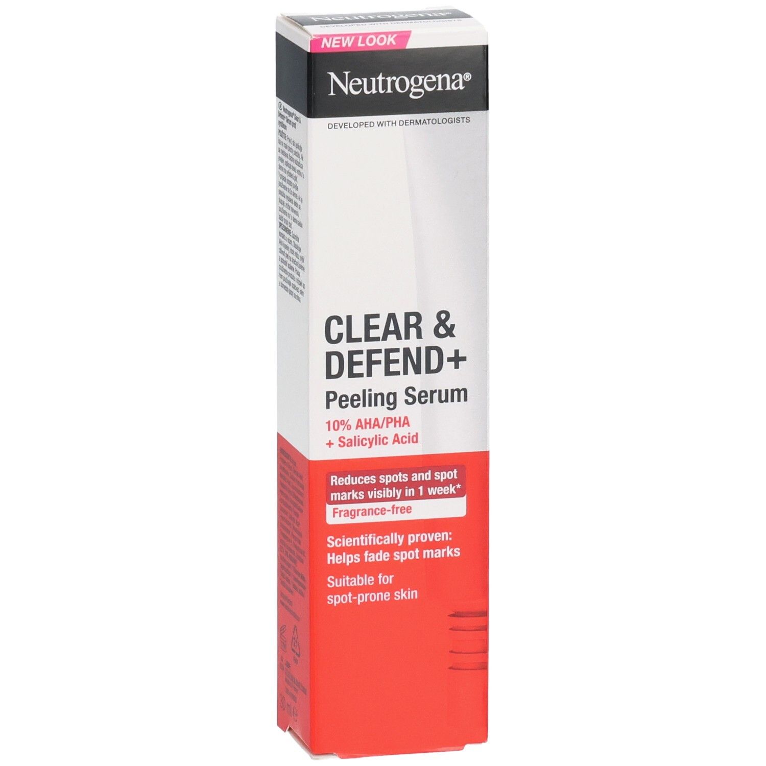 Neutrogena Clear & Defend+ Peeling Serum. Witte verpakking met rode accenten. Bevat 10% AHA/PHA + salicylzuur.