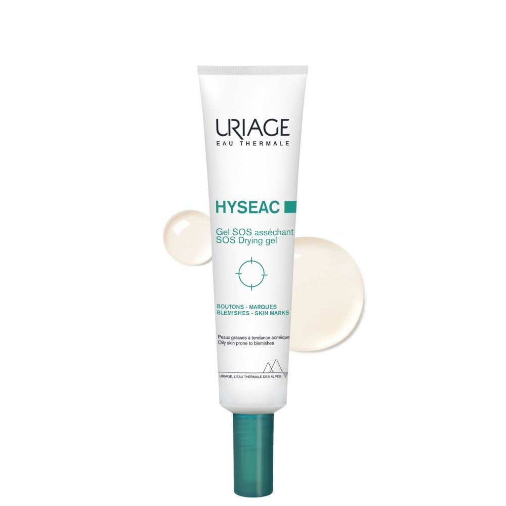 Uriage Hyseac Gel SOS: Tube met groene dop, twee druppels gel ernaast.