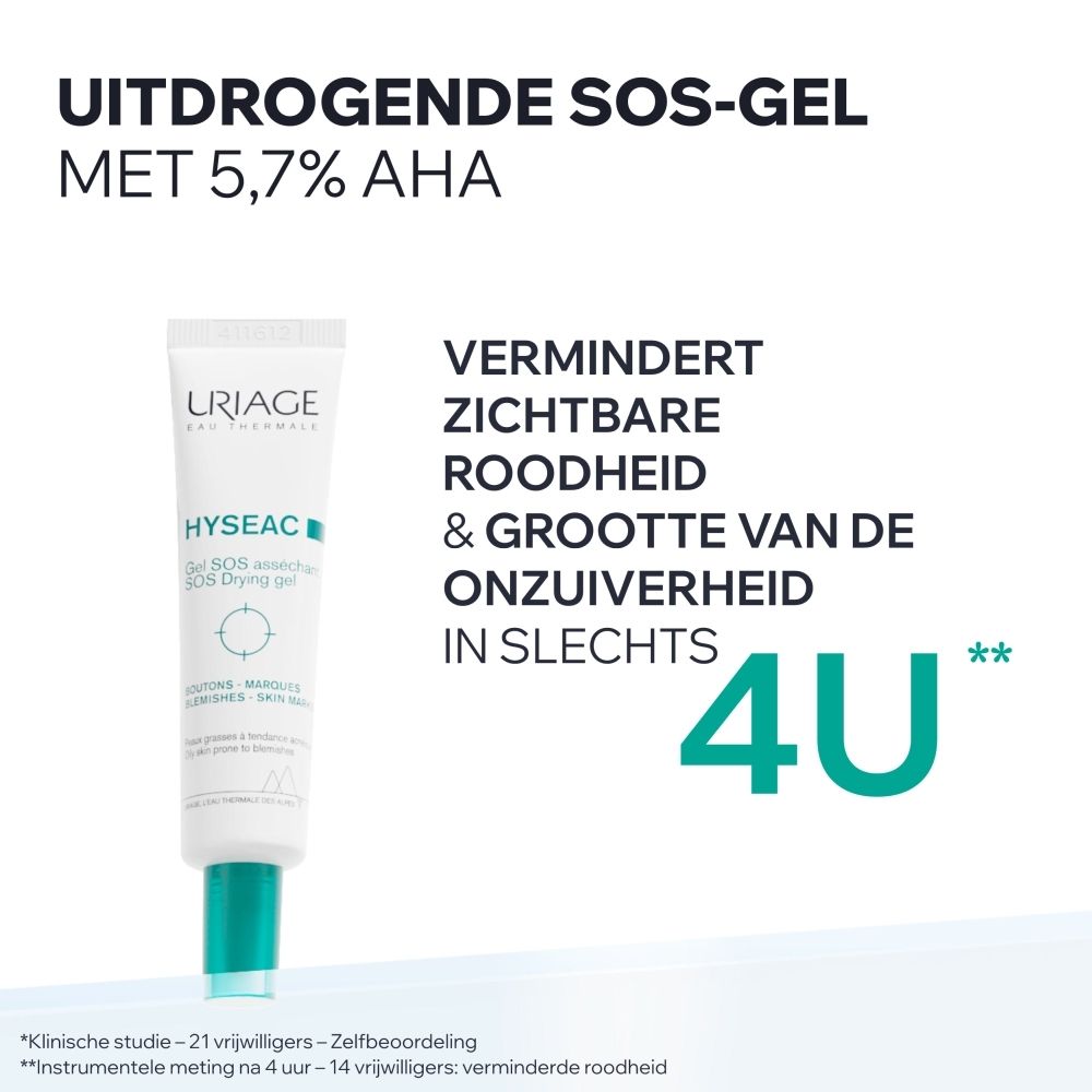 Uriage Hyseac Gel SOS: Tube met groene dop. Tekst: "Gel SOS asséchant local avec 5,7% d'AHA".