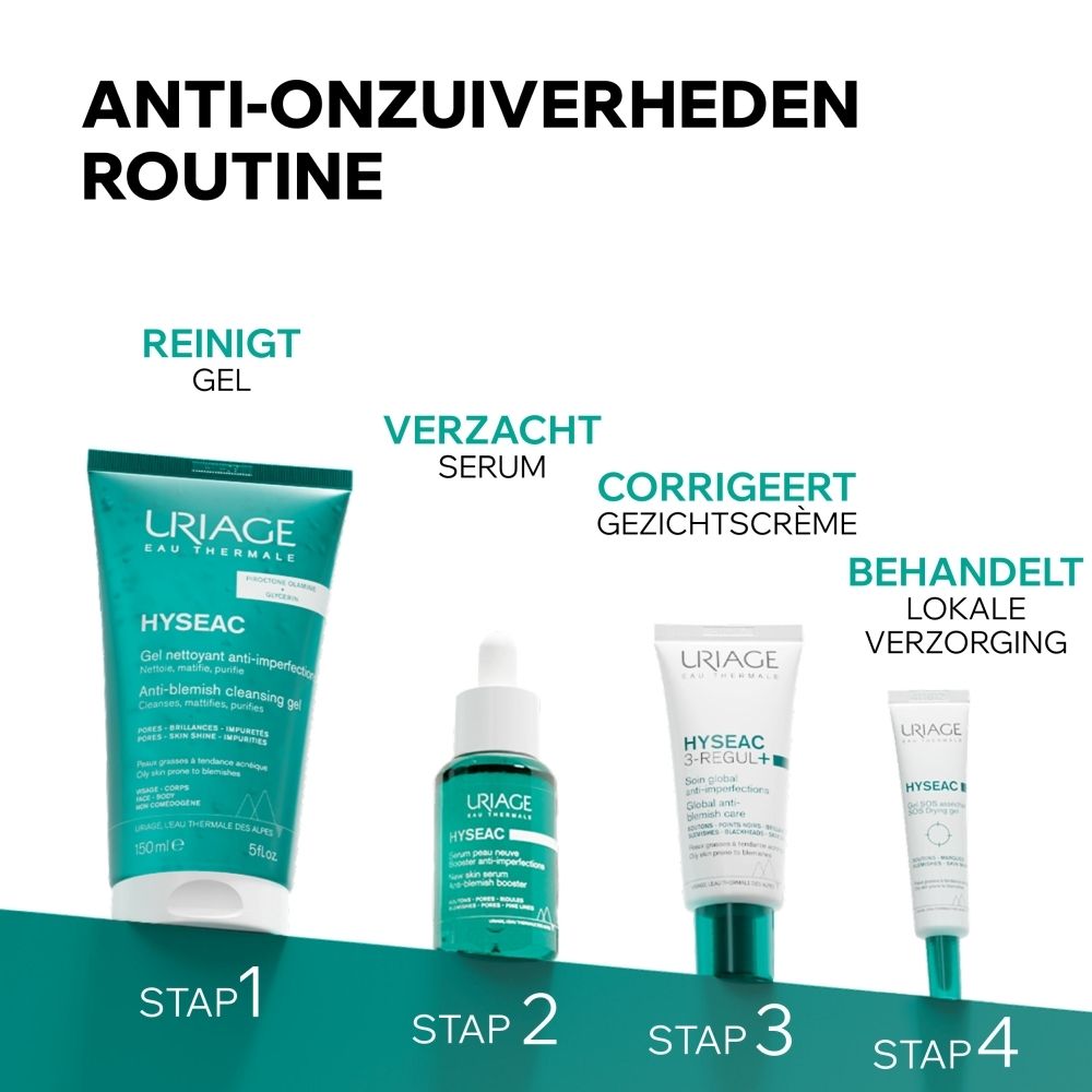 Uriage Hyseac Gel SOS: Klinische resultaten "Voor" (H0) en "Na" (H4). "Taille des imperfections réduite".