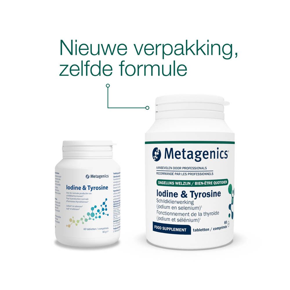 Witte fles met tabletten. Opschrift: Iodine & Tyrosine. Merk: Metagenics. 60 tabletten.