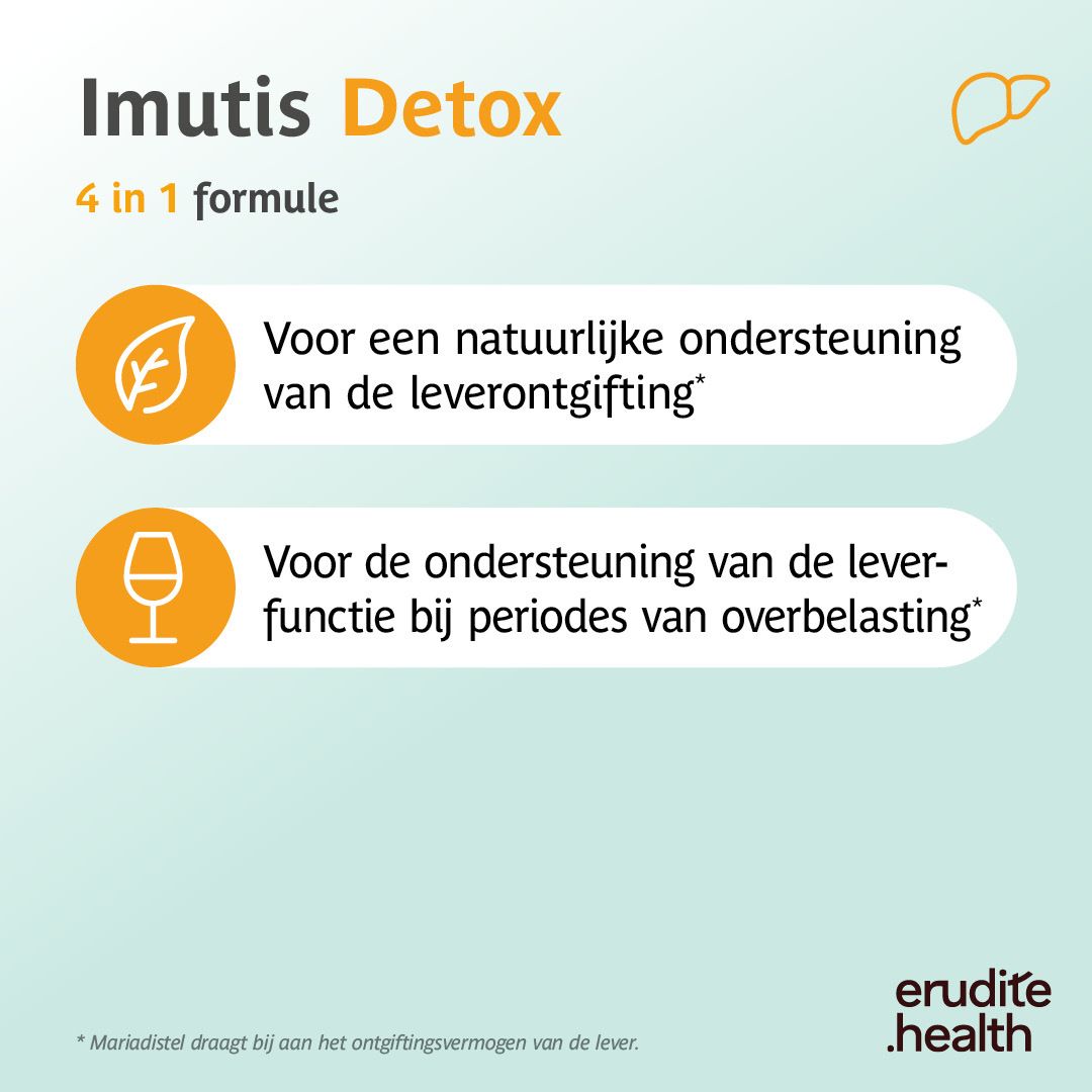 Verpakking van Imutis Detox met 60 capsules, artisjok en mariadistel.