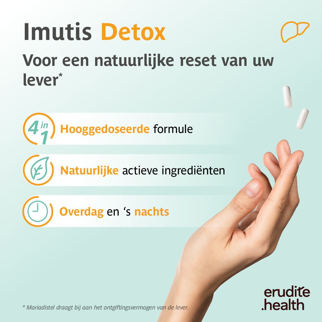 Doos Imutis Detox 120 capsules met leverafbeelding.