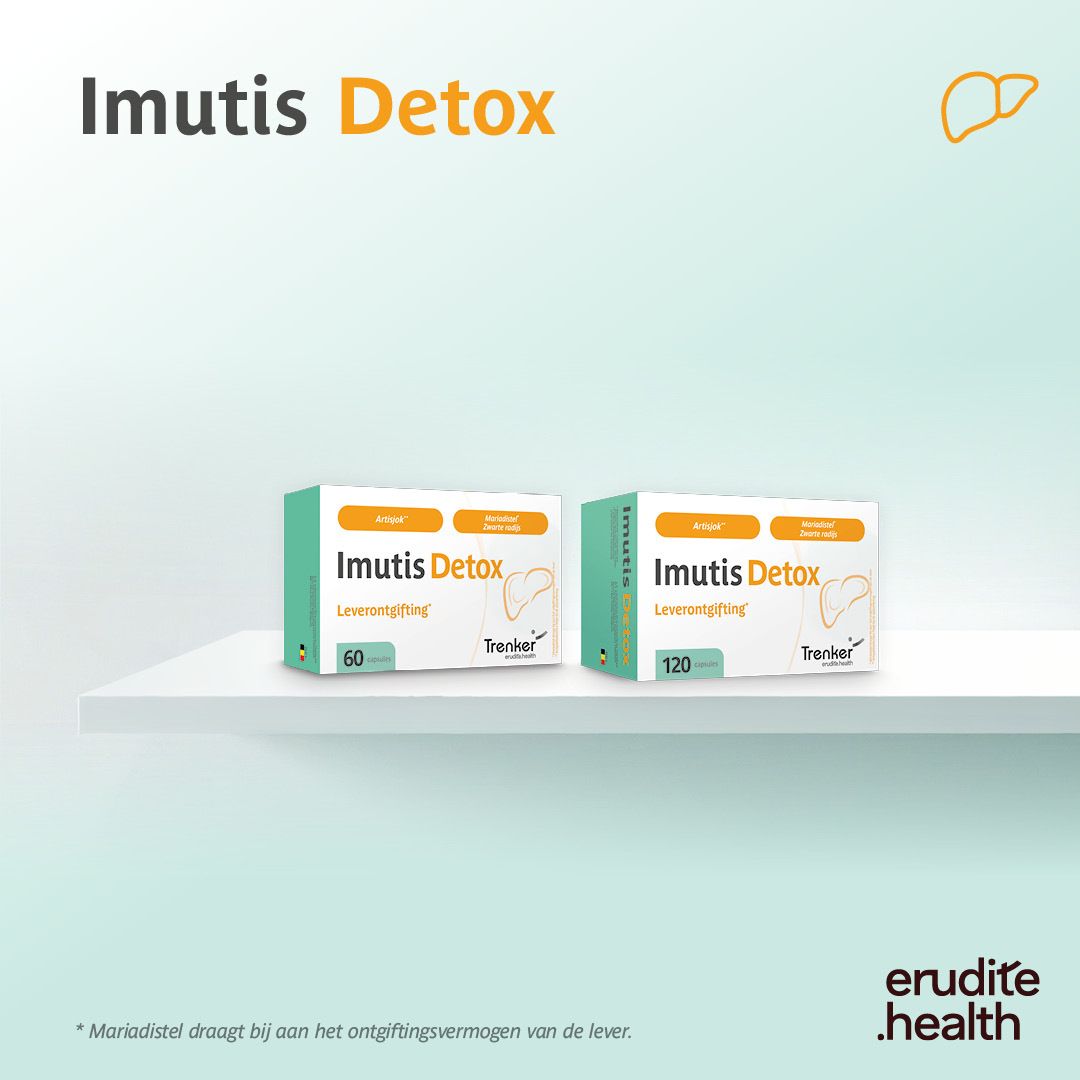 Doos Imutis Detox 120 capsules met leverafbeelding.