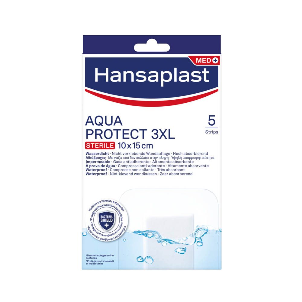 Boîte Hansaplast Aqua Protect 3XL. 5 pansements stériles, 10x15cm. Vue de face.