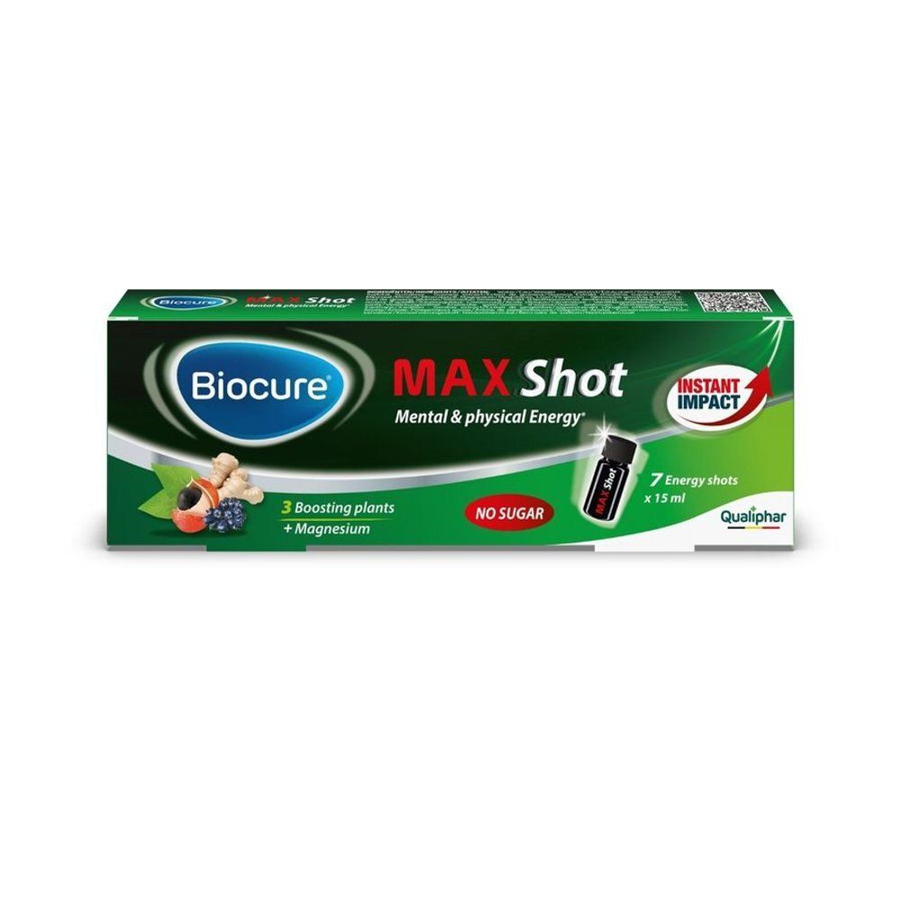 Groene doos Biocure MAX Shot. Bevat 7 shots van 15 ml. Opschrift: 3 planten + magnesium, zonder suiker.