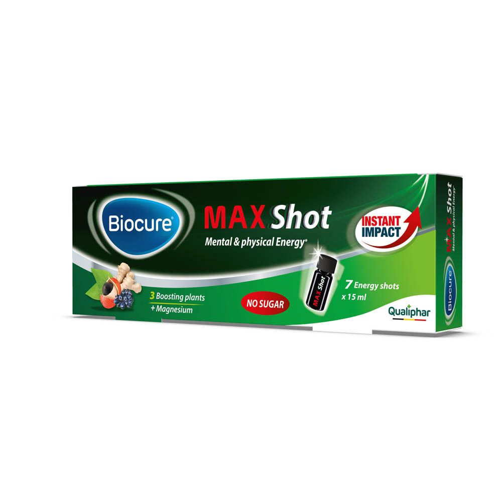 Groene doos Biocure MAX Shot. Bevat 7 shots van 15 ml. Opschrift: 3 planten + magnesium, zonder suiker.