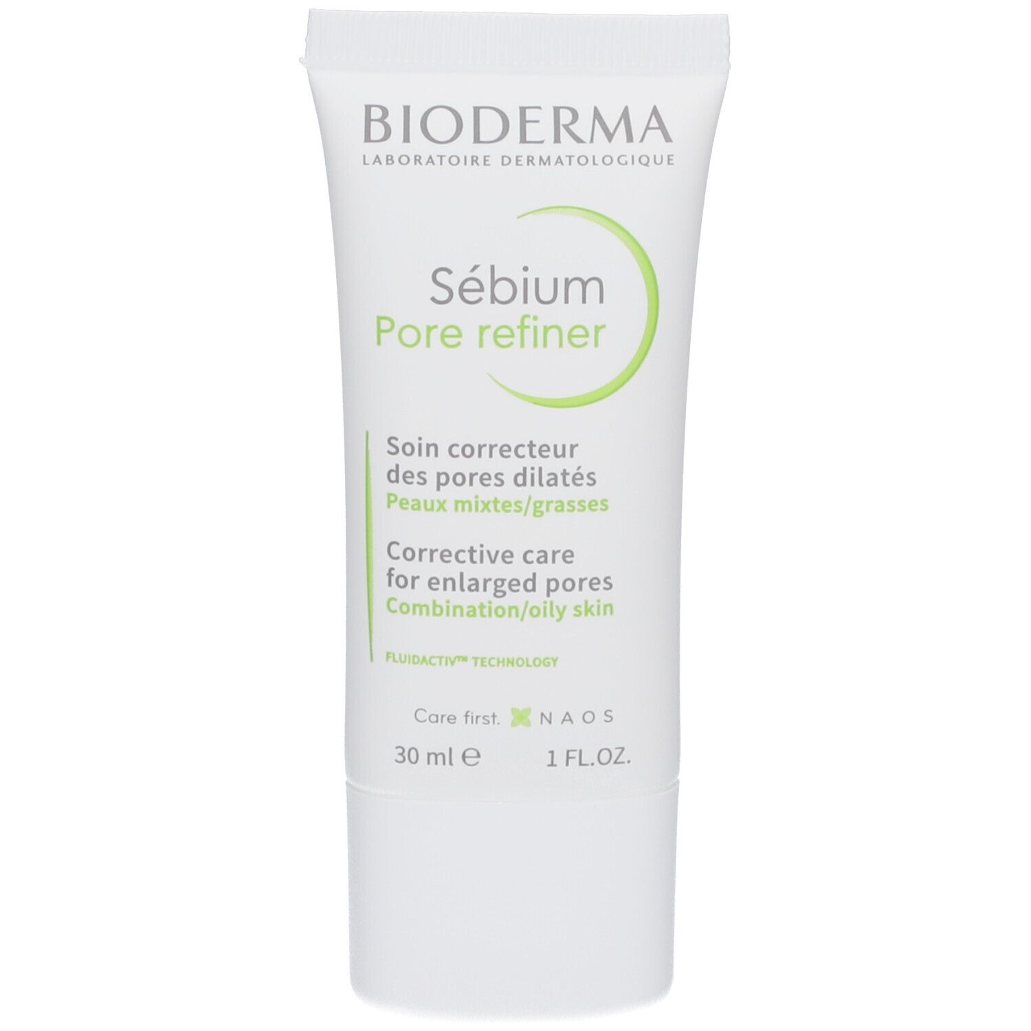 Witte tube met groene opdruk. Bevat "Sébium Pore refiner". Tekst in het Engels en Frans. 30 ml.
