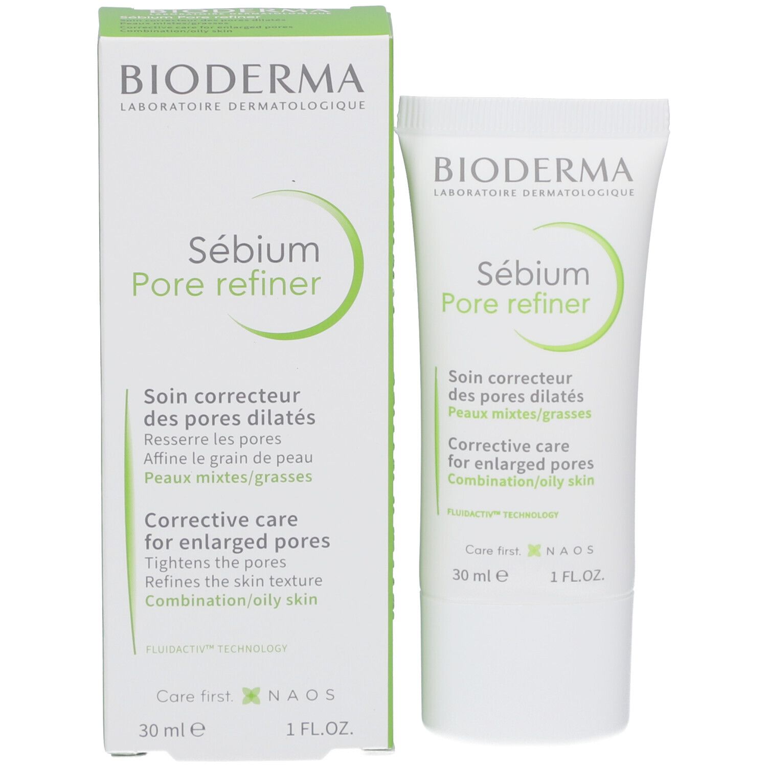 Productverpakking. Tube en doos. Beide met groen design en tekst. Bevat "Sébium Pore refiner". 30 ml.