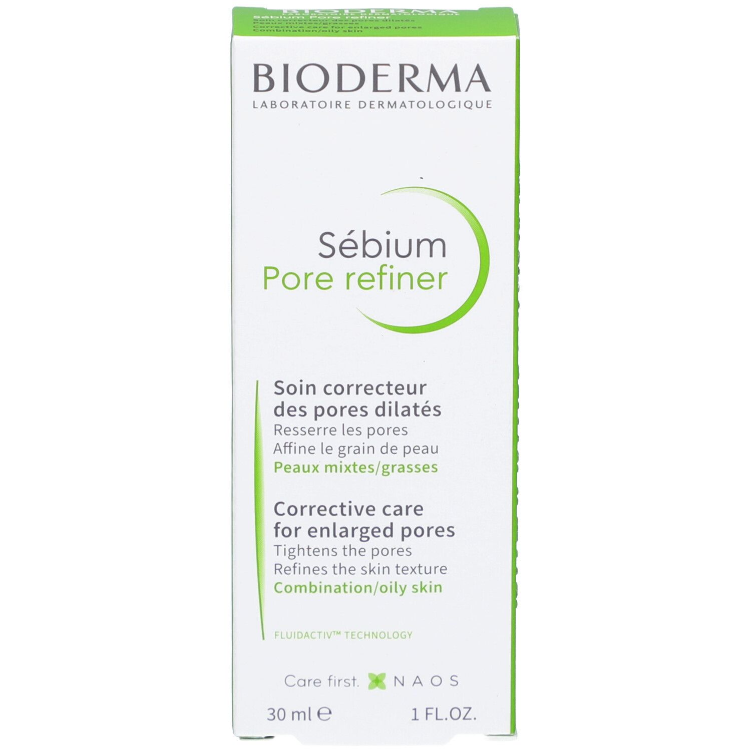 Groene doos met witte tekst. Bevat "Sébium Pore refiner". Tekst in het Engels en Frans. 30 ml.