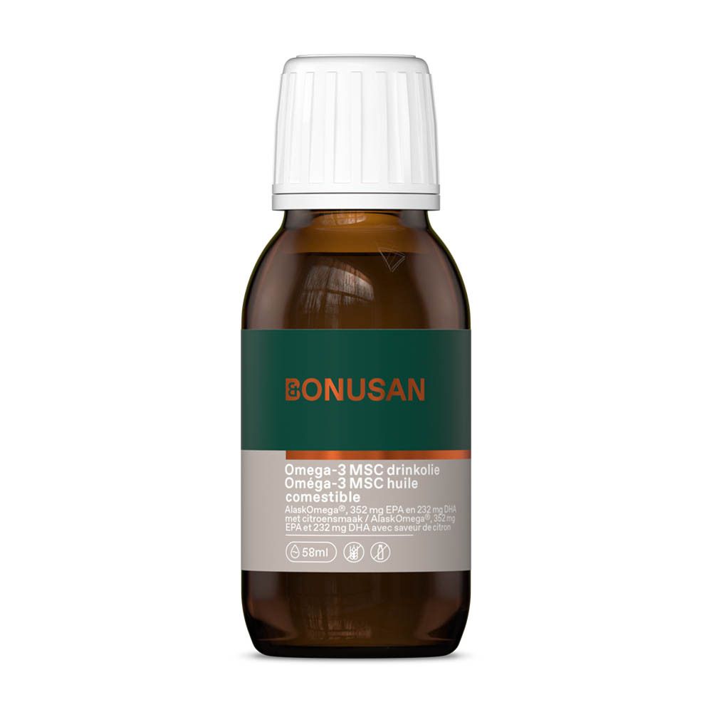 Flacon en verre brun avec bouchon blanc. Bonusan Omega-3 MSC huile comestible. Étiquette vert-gris.