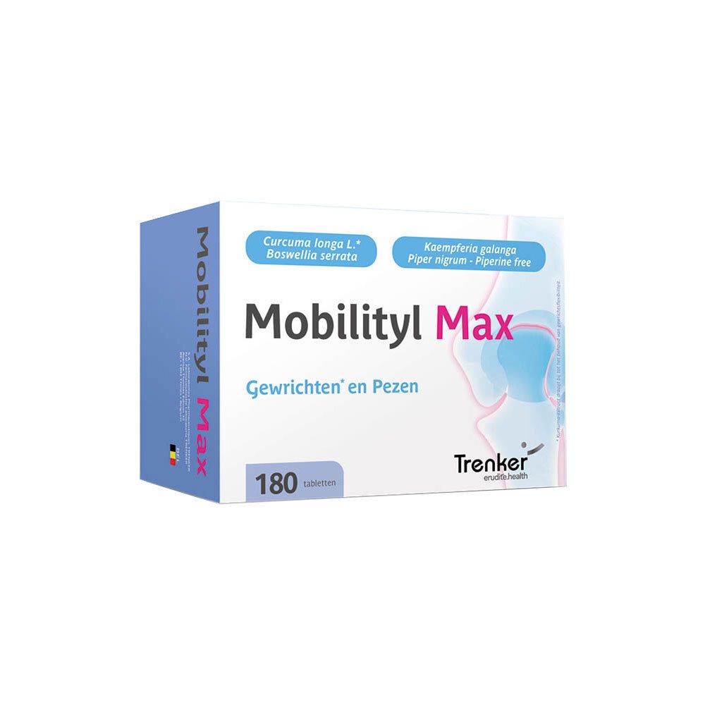 Doos met 180 tabletten Mobilityl Max, bevat Curcuma longa en Kaempferia galanga.