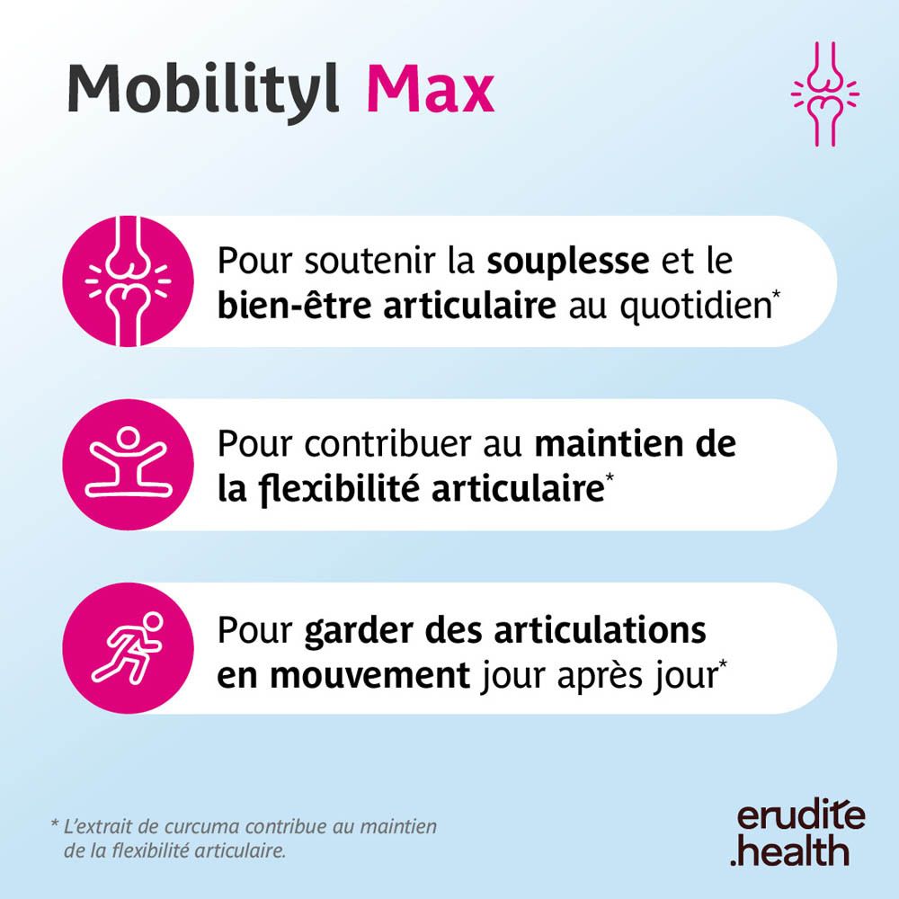 Boîte de 180 comprimés Mobilityl Max, contient Curcuma longa et Kaempferia galanga.