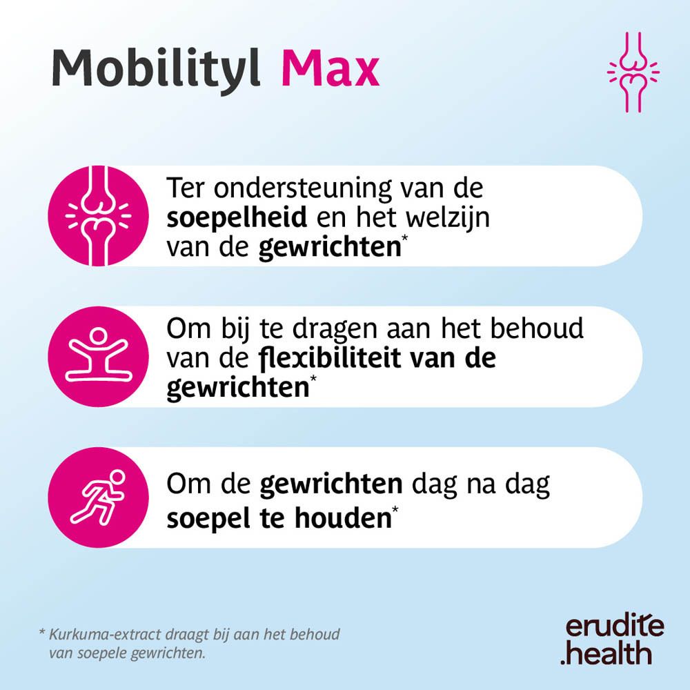 Doos met 180 tabletten Mobilityl Max, bevat Curcuma longa en Kaempferia galanga.