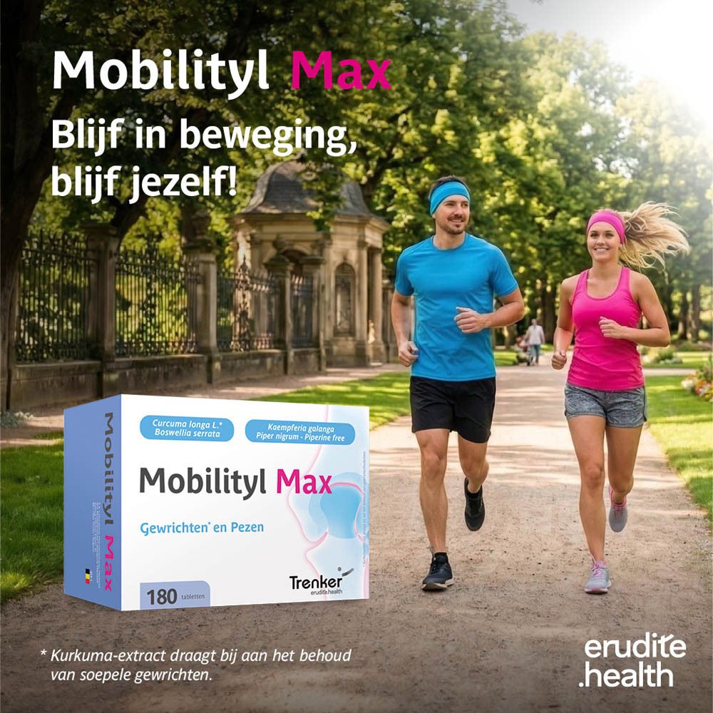Doos met 180 tabletten Mobilityl Max, bevat Curcuma longa en Kaempferia galanga.