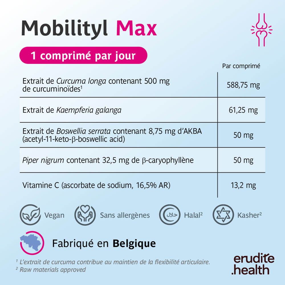 Boîte de 180 comprimés Mobilityl Max, contient Curcuma longa et Kaempferia galanga.