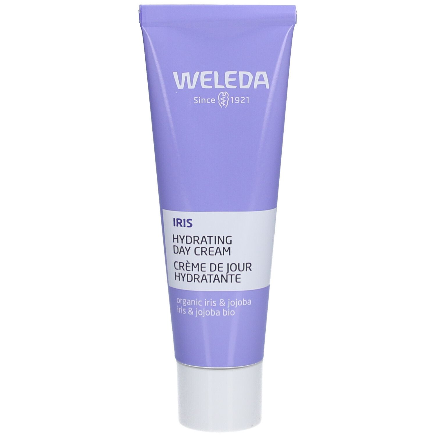 Paarse tube met witte dop. Opschrift: WELEDA, Iris Hydrating Day Cream, Crème de Jour Hydratante.