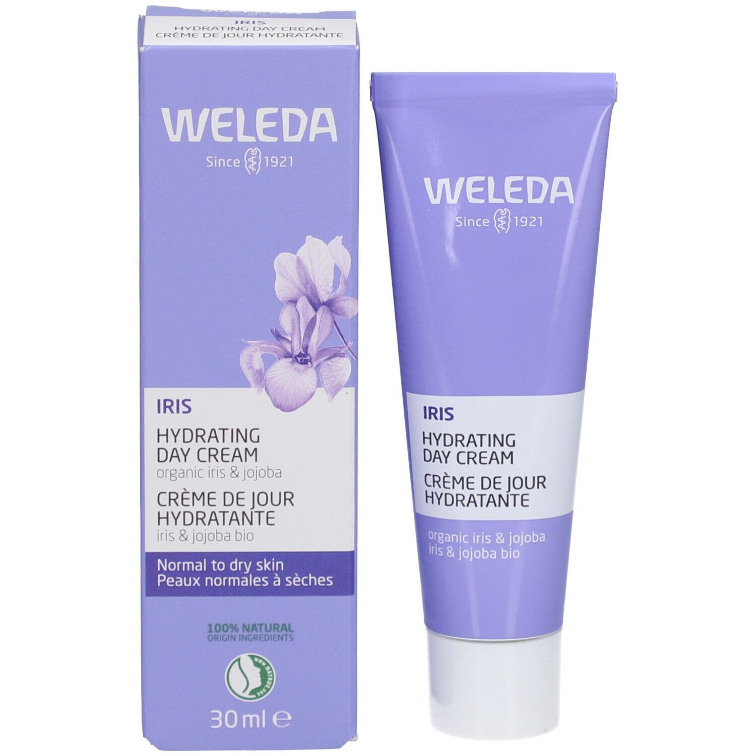 Productverpakking met tube. Paarse doos en tube. Opschrift: WELEDA, Iris Hydrating Day Cream.