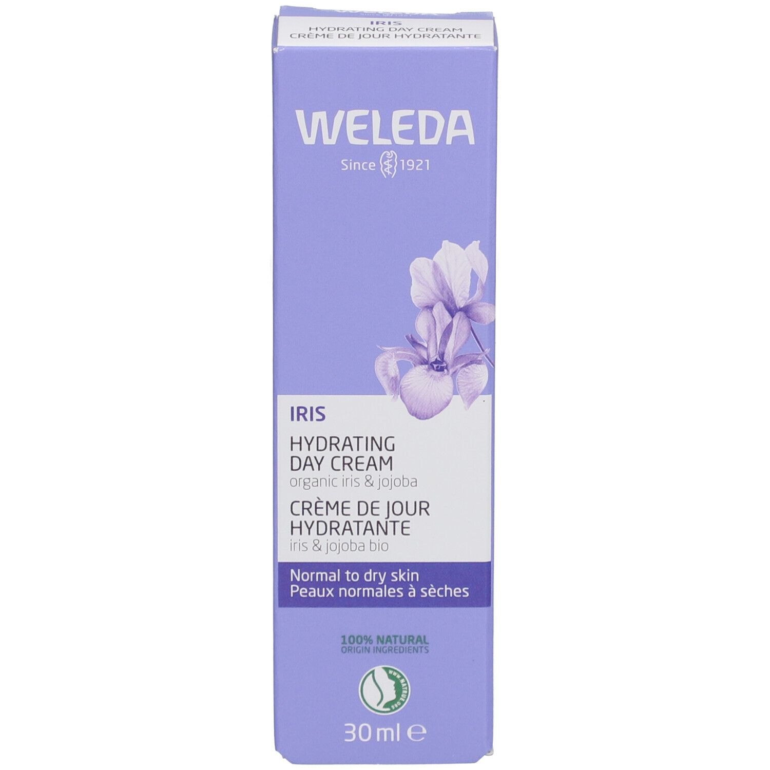 Paarse doos met productinformatie. Opschrift: WELEDA, Iris Hydrating Day Cream, 30 ml.