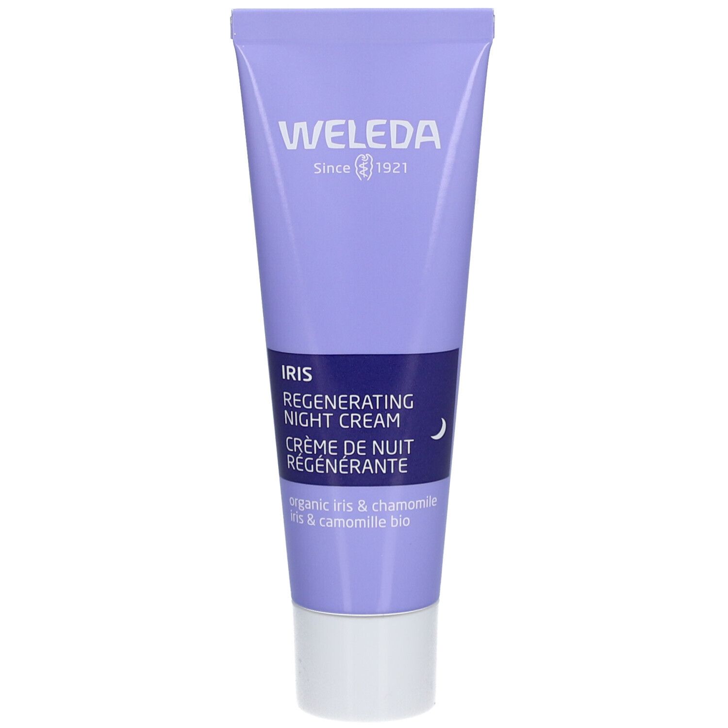 Paarse tube met witte dop. Opschrift: WELEDA, IRIS Regenerating Night Cream, Crème de Nuit Régénérante. Maansymbool.