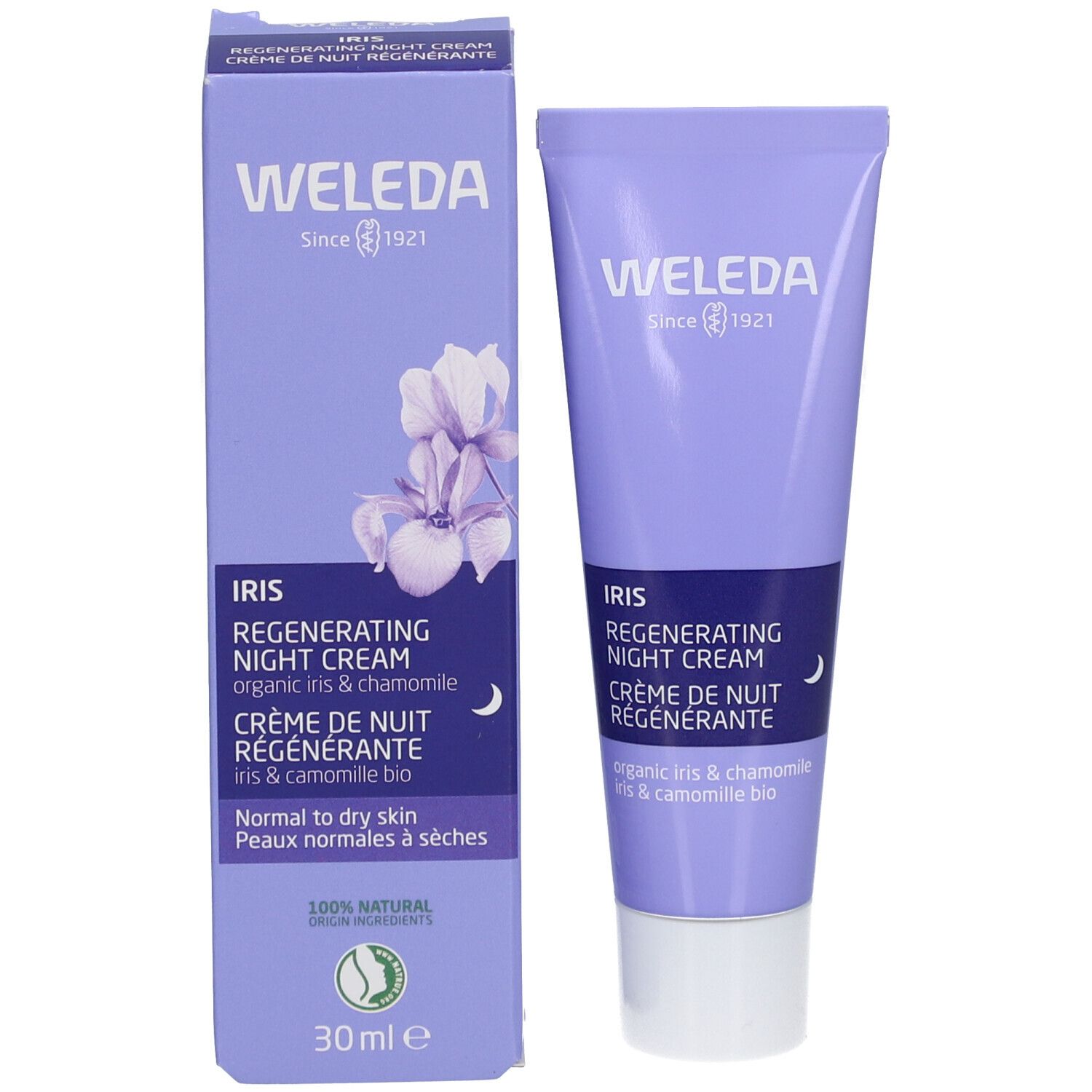 Product en verpakking. Paarse tube en doos. Opschrift: WELEDA, IRIS Regenerating Night Cream, Crème de Nuit Régénérante. 30ml.