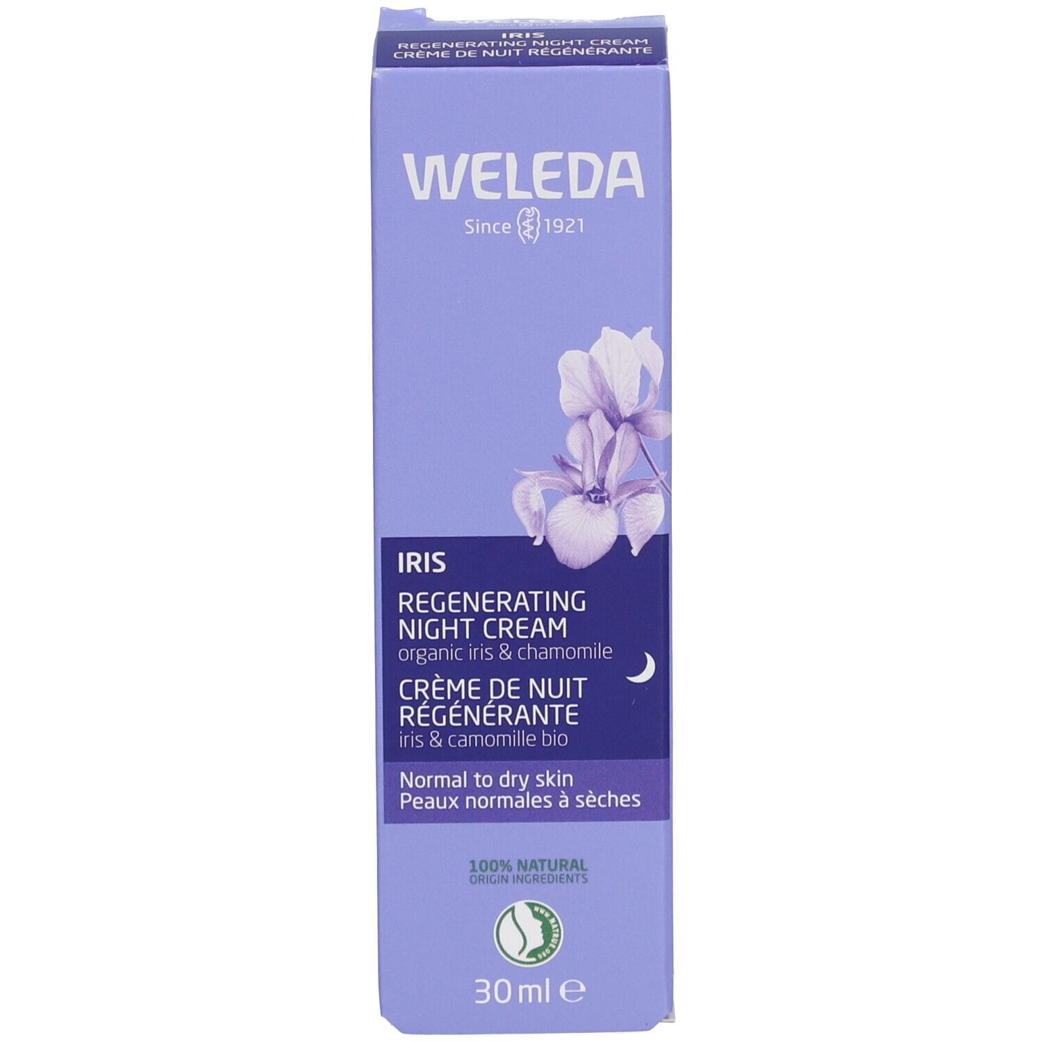 Paarse doos. Opschrift: WELEDA, IRIS Regenerating Night Cream, Crème de Nuit Régénérante. 30ml. Illustratie van irissen.