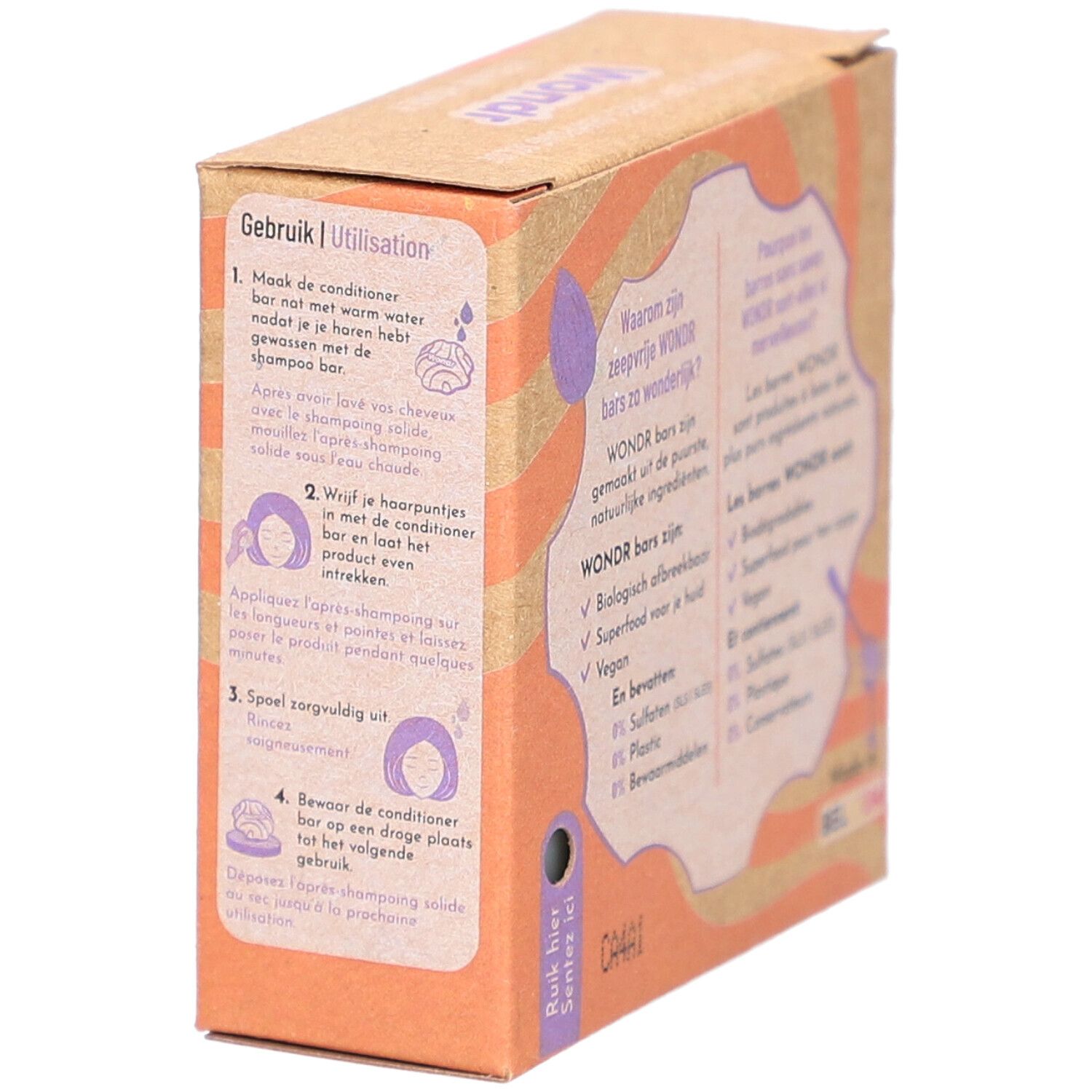 Boîte en carton avec instructions en néerlandais. Contient des illustrations sur l'utilisation du produit.