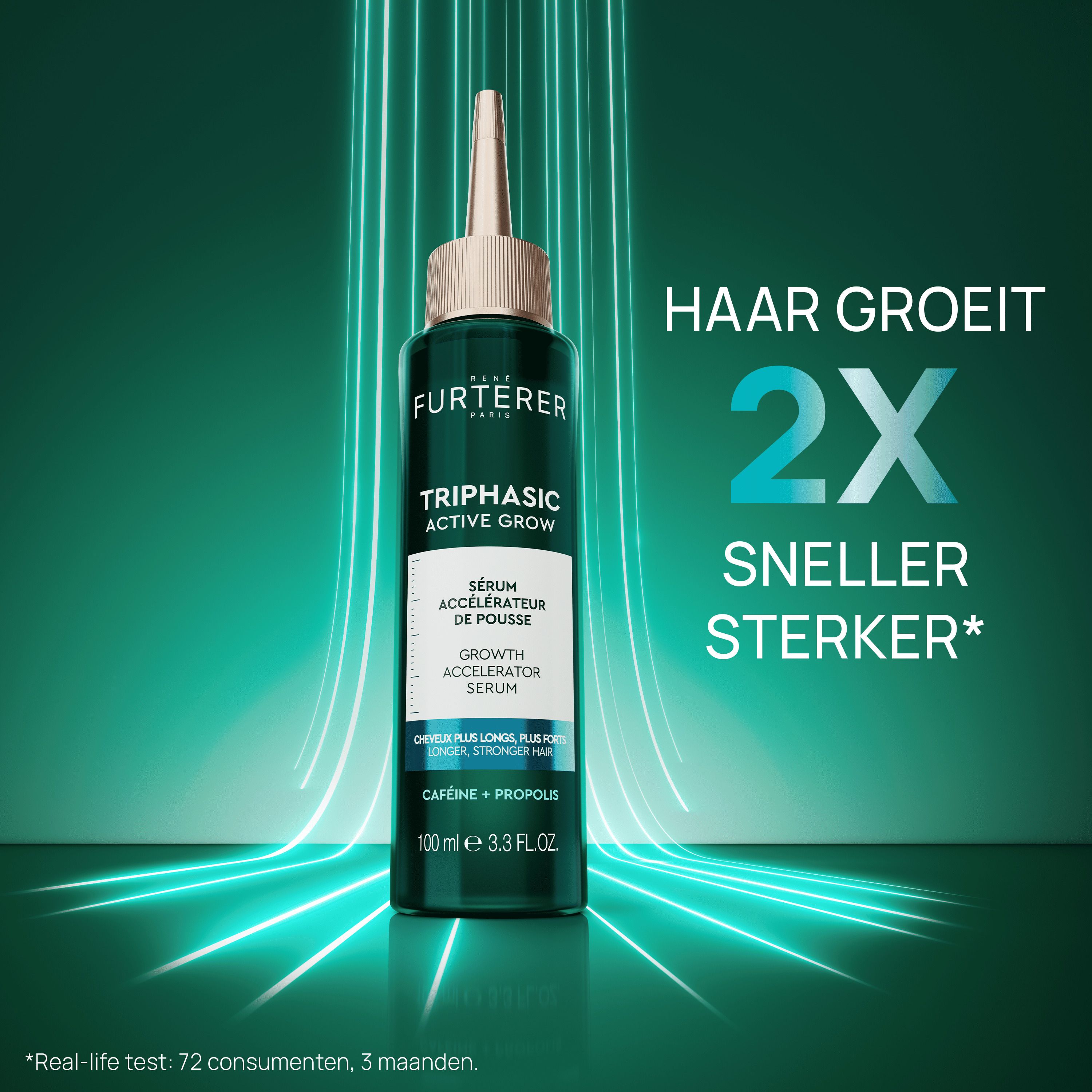 Flesje serum. Tekst: Haar groeit 2x sneller sterker.