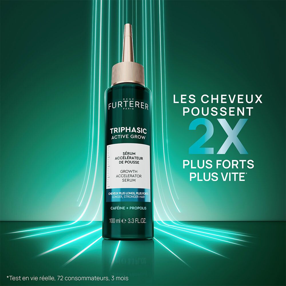 Flacon de sérum. Texte: Les cheveux poussent 2x plus forts plus vite.