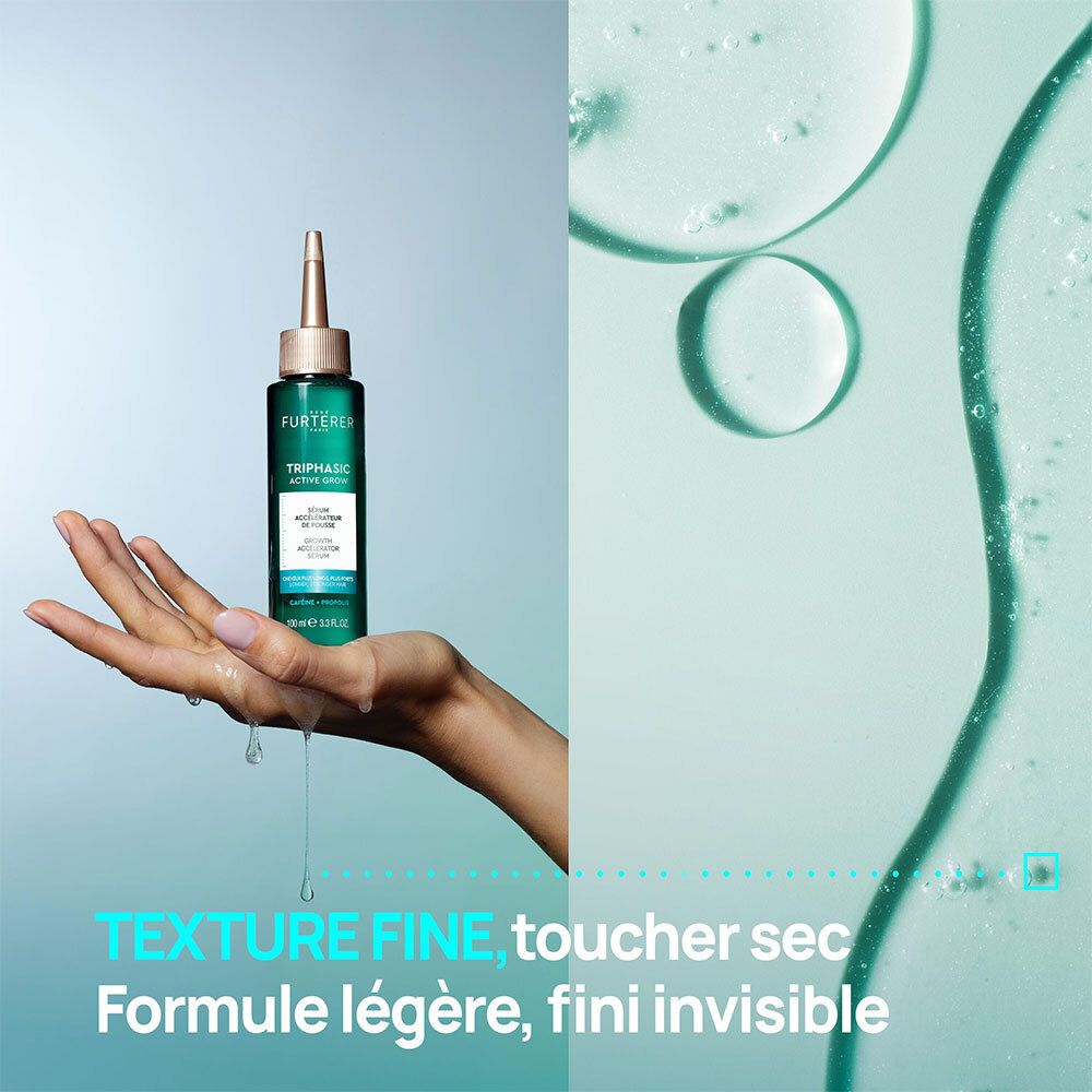 Main avec sérum. Texte: Texture fine, toucher sec, Formule légère, fini invisible.