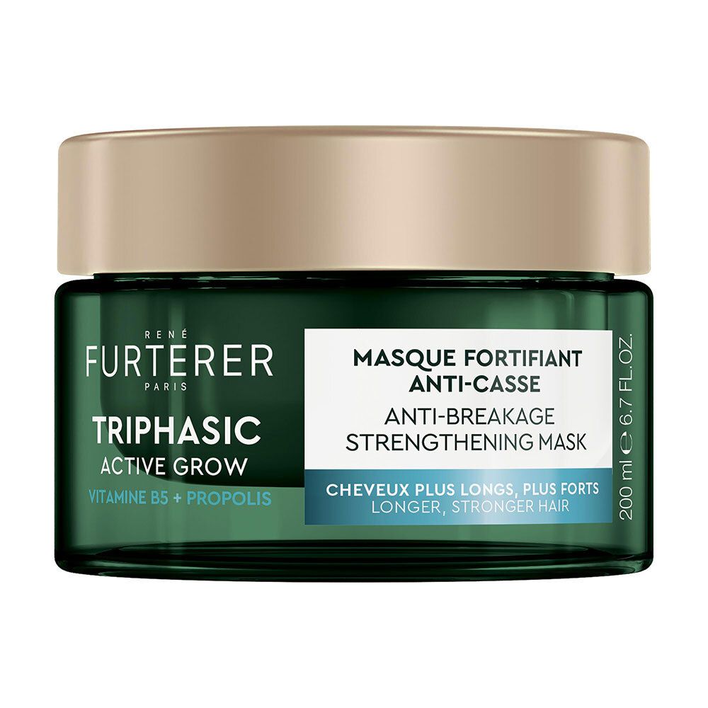 Pot vert foncé, couvercle doré. Inscription: Triphasic Active Grow, Masque Fortifiant Anti-casse.