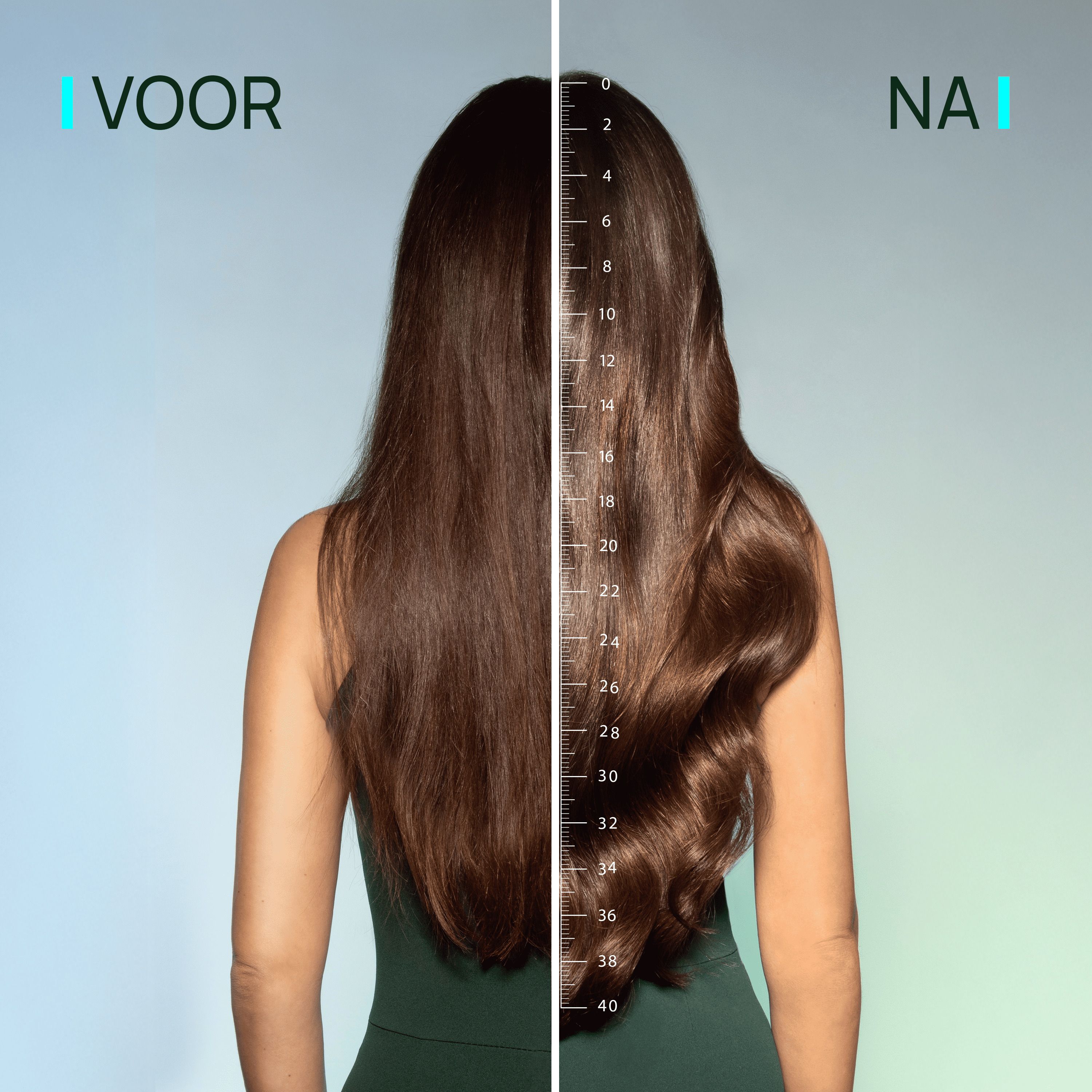 Voor- en na-afbeelding van haar. Schaal om de haarlengte te meten.