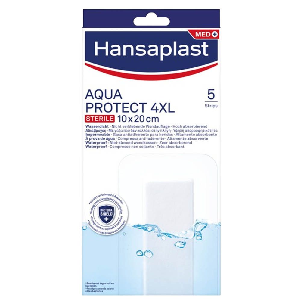 Boîte de pansements Hansaplast Aqua Protect 4XL stériles. 5 pièces. L'emballage affiche le produit et les informations.