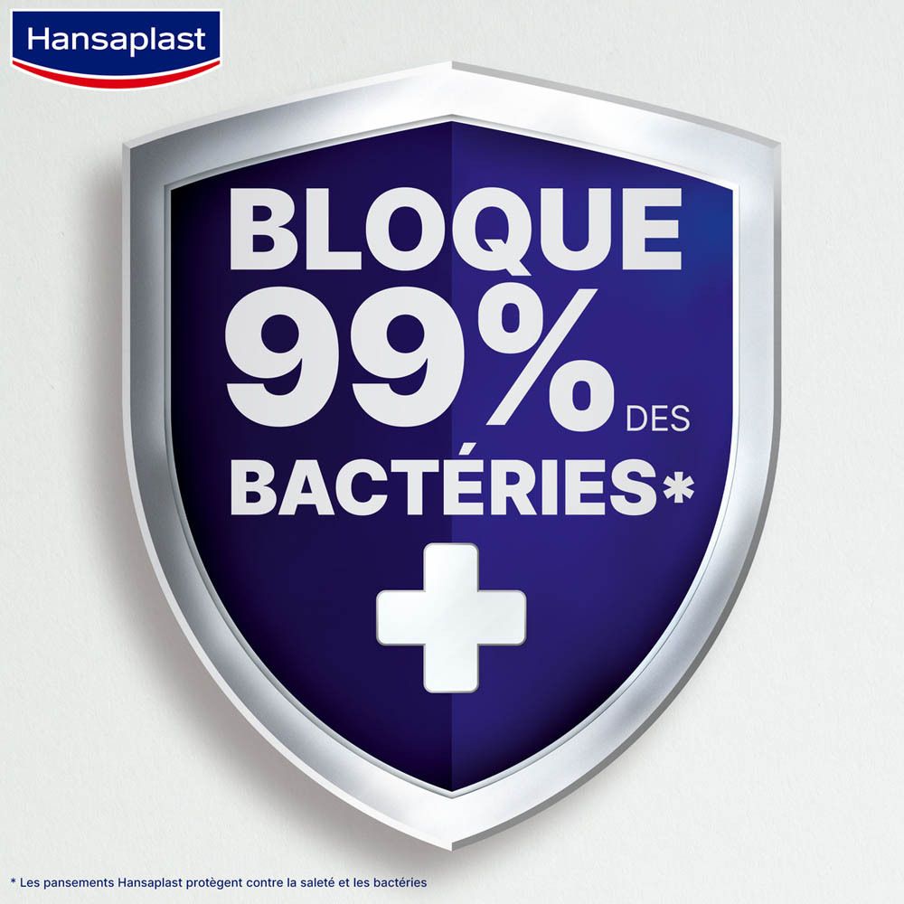 Bouclier avec texte : Bloque 99% des bactéries. Logo Hansaplast.