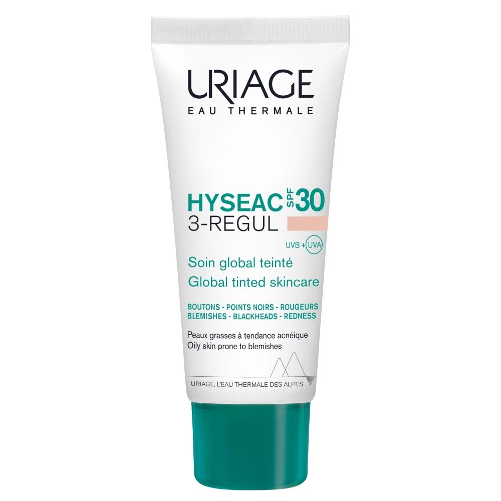 Tube de soin global teinté Uriage Hyseac SPF30 3-Regul avec bouchon vert.