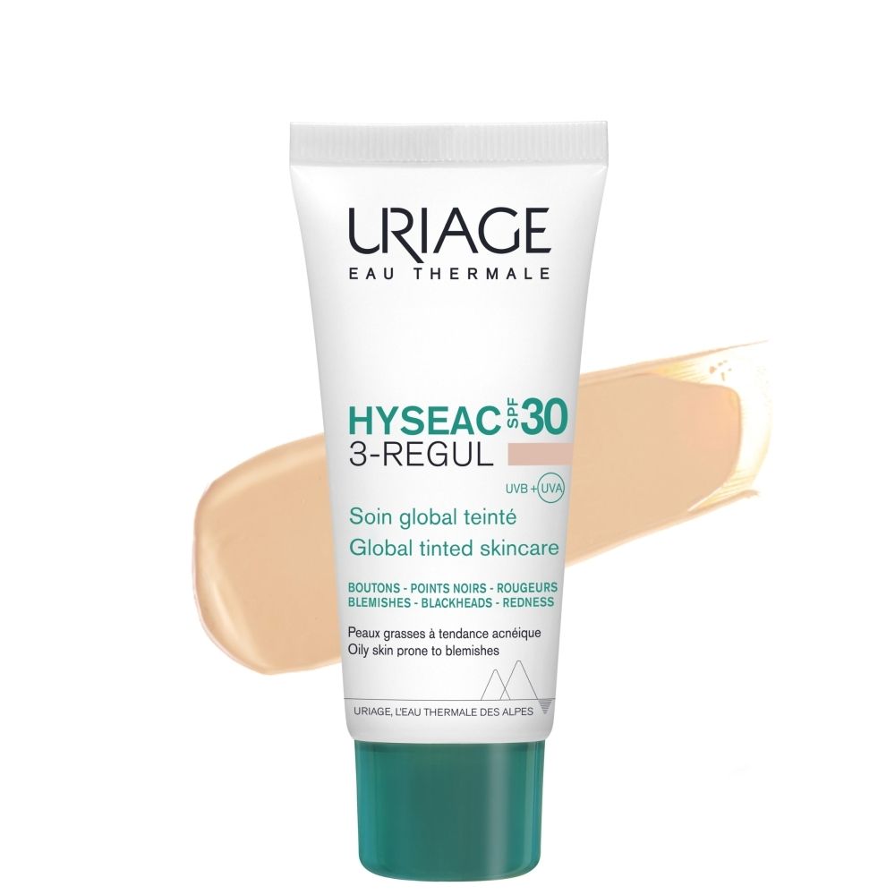 Uriage Hyseac SPF30 3-Regul getinte dagelijkse verzorging tube met groene dop.